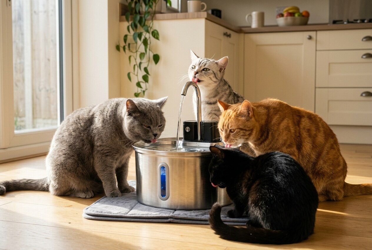 Four cats — a grey British Shorthair, a silver tabby, a ginger tabby and a black cat — peacefully sharing one Furput fountain in a bright British kitchen