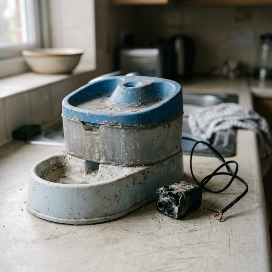 A broken dusty pet fountain with a failed pump