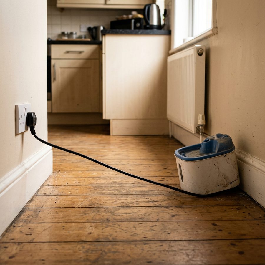 Cable stretched across the floor to an old fountain