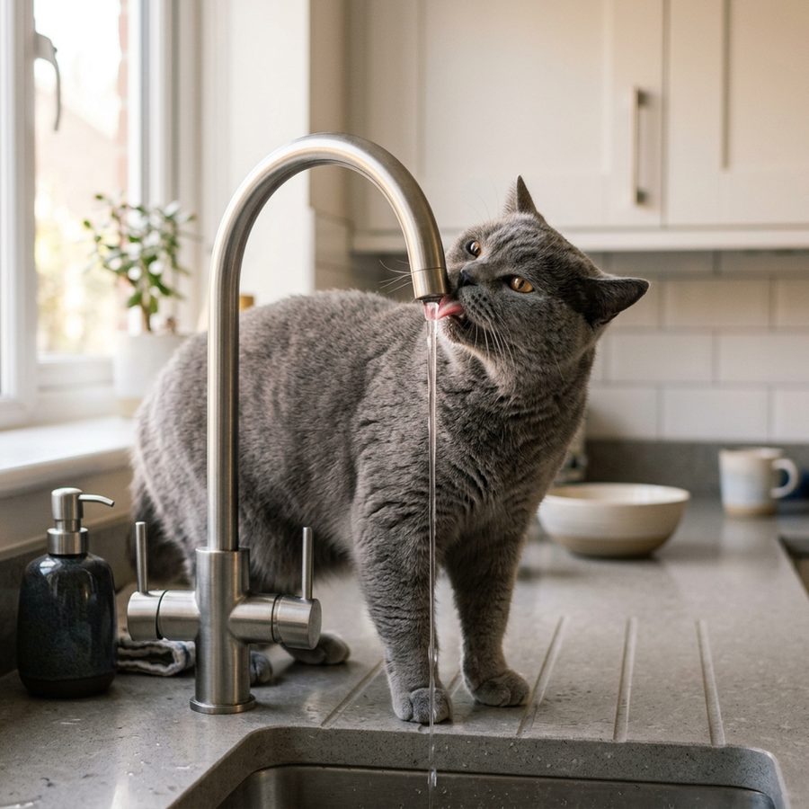 Cat drinking from the kitchen tap