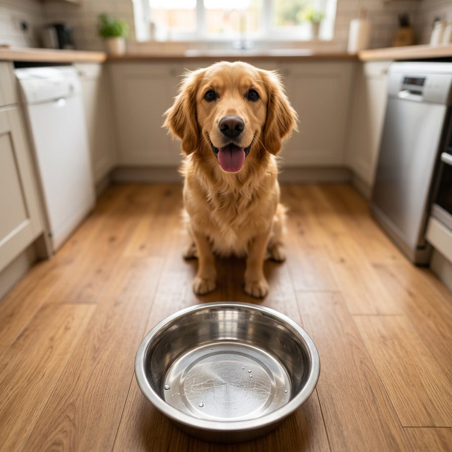 Dog next to an empty water bowl