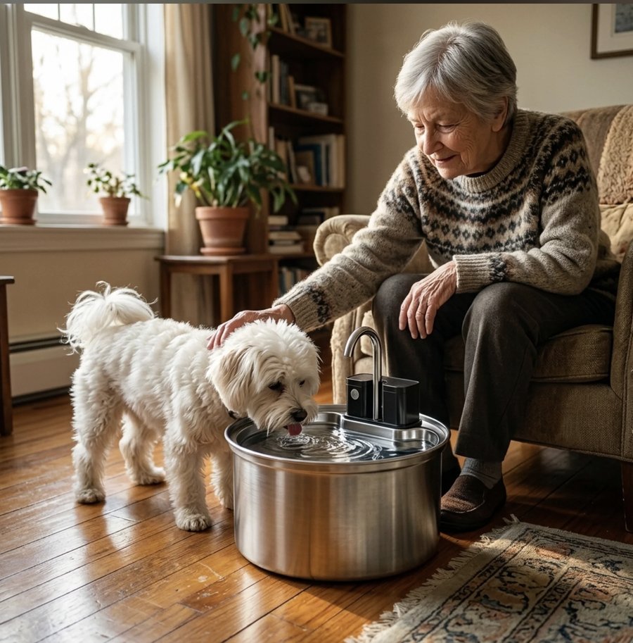 Older woman with fluffy dog