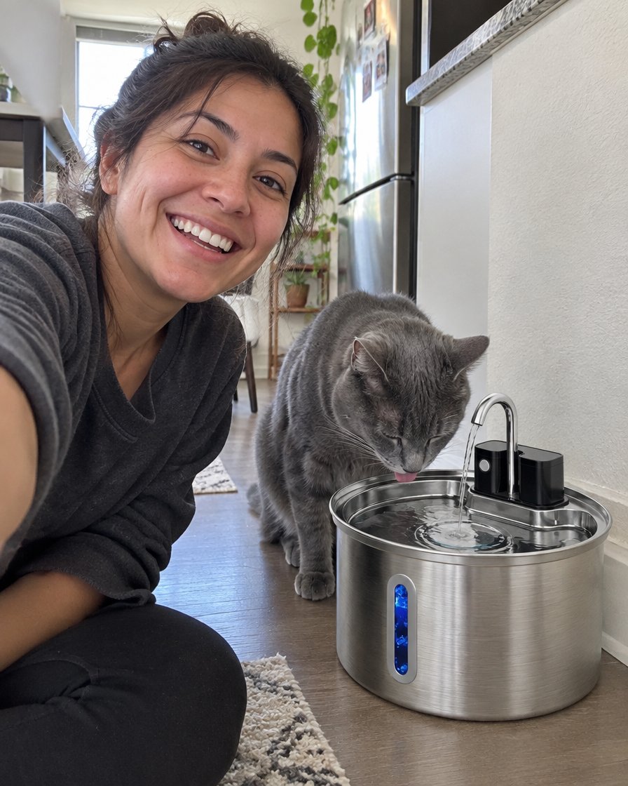 Woman with her grey cat