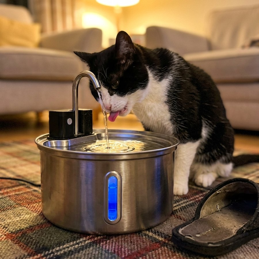 Tuxedo cat drinking